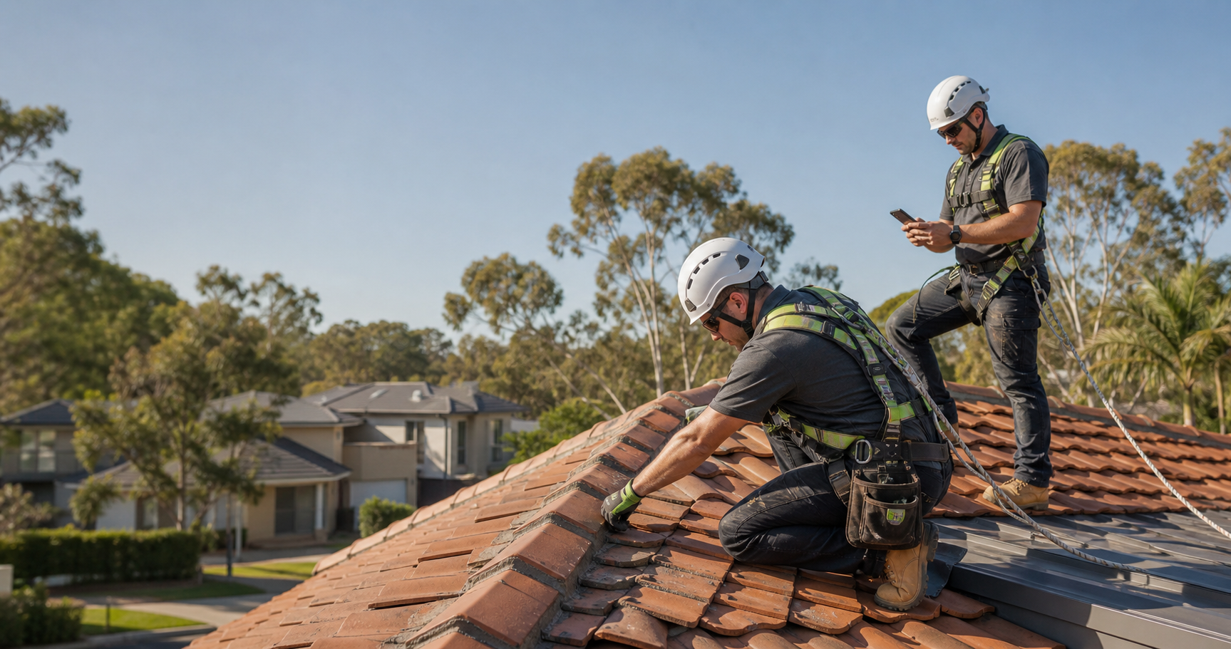 Two professional roofers inspecting a tiled roof on an Australian home